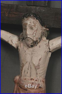 Antique Mexico Folk Art Wood carving Santo Crucifix Cross Jesus OLD PAINT Corpus