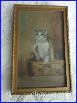 Antique Miniature Original Folk Art Oil Painting Cat Kitten In Basket Old Estate