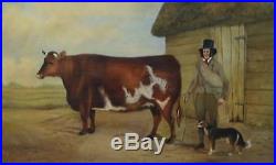 Antique Naive Folk Art Oil Painting Cow Study Signed & Dated 1861 Man & Dog