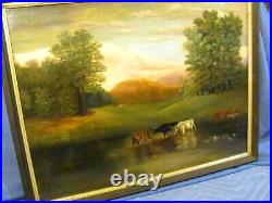 Antique Naive / Folk Art Tonalist Oil Painting Cows Drinking from River