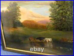 Antique Naive / Folk Art Tonalist Oil Painting Cows Drinking from River