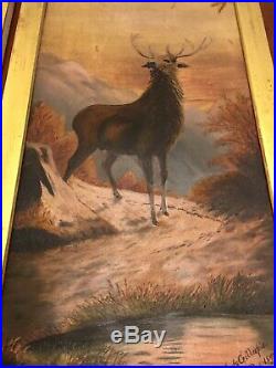Antique Oil On Canvas 1898 1897 Elk Folk Art Paintings C. A. Gillespie Landscape