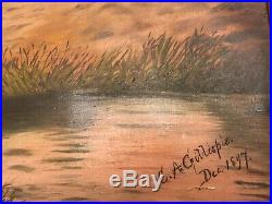 Antique Oil On Canvas 1898 1897 Elk Folk Art Paintings C. A. Gillespie Landscape