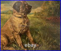 Antique Oil Painting British Primitive Portrait of Faithful Dog J. HUNTER c1890