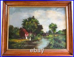 Antique Oil Painting Canvas Unsigned Old American Folk Art Farmhouse Countryside