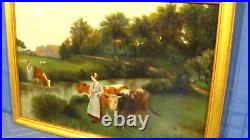 Antique Oil Painting Cows Grazing by Stream c. 1890
