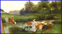 Antique Oil Painting Cows Grazing by Stream c. 1890
