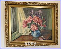 Antique Oil Painting Floral Still Life Signed Ornate Gold Frame 28 x 24