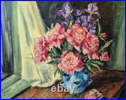 Antique Oil Painting Floral Still Life Signed Ornate Gold Frame 28 x 24