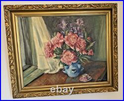 Antique Oil Painting Floral Still Life Signed Ornate Gold Frame 28 x 24