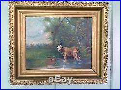 Antique Oil Painting Folk Art Cow In Period Frame (1880's) Nice Look