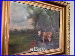 Antique Oil Painting Folk Art Cow In Period Frame (1880's) Nice Look