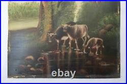 Antique Oil Painting Folk Art FARM COWS LANDSCAPE Country Primitive VICTORIAN