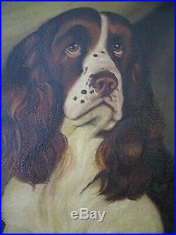 Antique Oil Painting Hunting Dog Springier Spaniel Country Primitive Folk Art