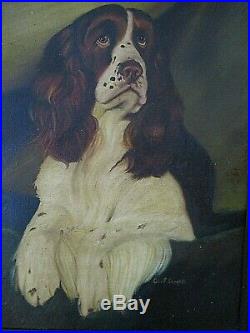 Antique Oil Painting Hunting Dog Springier Spaniel Country Primitive Folk Art