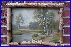 Antique Oil Painting LANDSCAPE Folk ART Birch Tree TWIG Frame M. REINUS c. 1900s