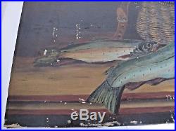 Antique Oil Painting Primitive Folk Art Fish and Creel Still Life