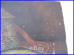 Antique Oil Painting Primitive Folk Art Fish and Creel Still Life