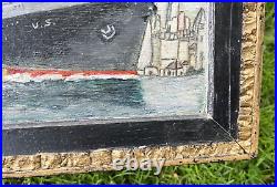 Antique Oil Painting Ship Nautical Early 1900s Folk Art Signed On Wood Board