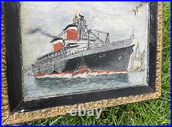 Antique Oil Painting Ship Nautical Early 1900s Folk Art Signed On Wood Board