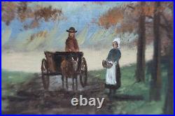 Antique Oil Painting Victorian Country Folk Art Primitive People Horse Forest