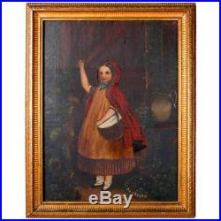 Antique Oil on Canvas Folk Art Portrait Painting of Young Girl in Red Cape