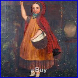 Antique Oil on Canvas Folk Art Portrait Painting of Young Girl in Red Cape