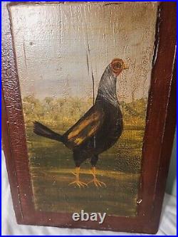 Antique Oil on Old Door Panel Board of One Proud Rooster Decorative Folk Art