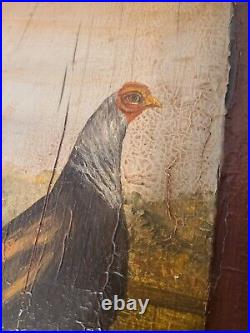 Antique Oil on Old Door Panel Board of One Proud Rooster Decorative Folk Art