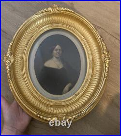 Antique Old Folk Art Portrait Of A Woman (Mrs. Price) Oil Painting & Gold Frame