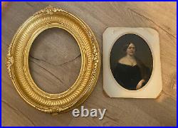 Antique Old Folk Art Portrait Of A Woman (Mrs. Price) Oil Painting & Gold Frame