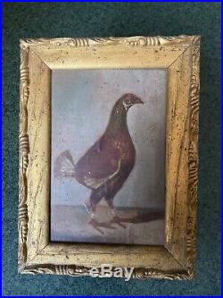Antique Old Oil Painting Cock Fighting Portrait Gold Frame AAFA Folk Art Rooster