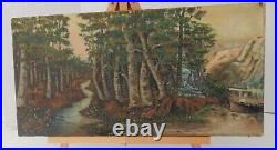 Antique Old Oil Painting On Canvas Landscape Fishing Primitive Folk Art Trees