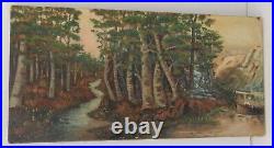 Antique Old Oil Painting On Canvas Landscape Fishing Primitive Folk Art Trees