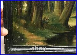 Antique Old Original Folk Art Oil Painting Forest River Landscape Trees Signed
