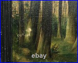 Antique Old Original Folk Art Oil Painting Forest River Landscape Trees Signed
