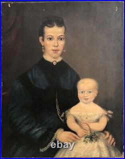 Antique Original Folk Art Oil on Canvas Painting Portrait of Woman with girl