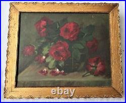 Antique Original Oil Painting Floral Roses Victorian Country Gold Frame Folk Art