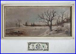 Antique Original Oil Painting Landscape Forest Winter Ice Fishing Skating Snow