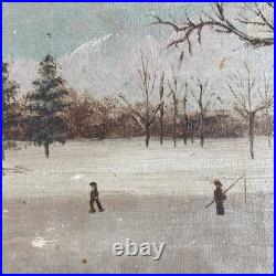 Antique Original Oil Painting Landscape Forest Winter Ice Fishing Skating Snow
