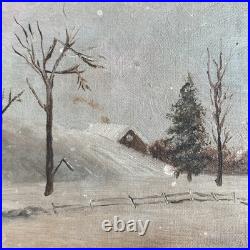 Antique Original Oil Painting Landscape Forest Winter Ice Fishing Skating Snow