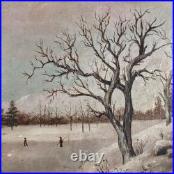 Antique Original Oil Painting Landscape Forest Winter Ice Fishing Skating Snow