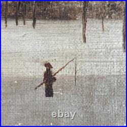 Antique Original Oil Painting Landscape Forest Winter Ice Fishing Skating Snow