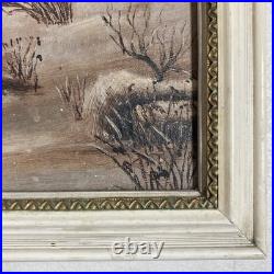 Antique Original Oil Painting Landscape Forest Winter Ice Fishing Skating Snow