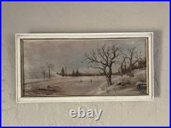 Antique Original Oil Painting Landscape Forest Winter Ice Fishing Skating Snow