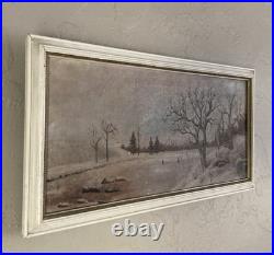 Antique Original Oil Painting Landscape Forest Winter Ice Fishing Skating Snow
