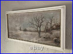 Antique Original Oil Painting Landscape Forest Winter Ice Fishing Skating Snow