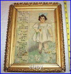 Antique Original Painting Young Girl with a Lisp Flower Garden, Oil on Canvas