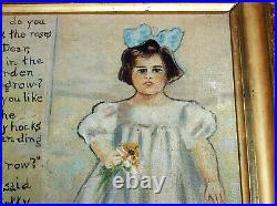 Antique Original Painting Young Girl with a Lisp Flower Garden, Oil on Canvas