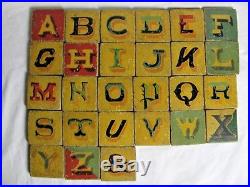 Antique Painted Folk Art Wooden Block Letters and Numbers Teaching Toy